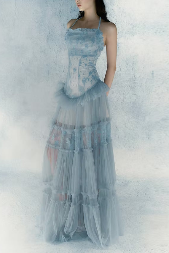 Hermosa Lace Splicing Layer Maxi Dress In Blue - OWNCI