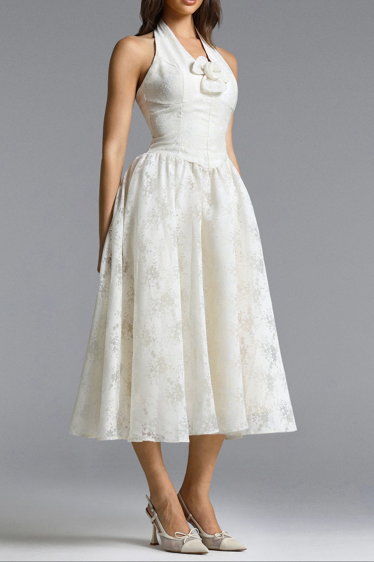 Delaney White Halter Floral Jacquard Midi Dress - OWNCI