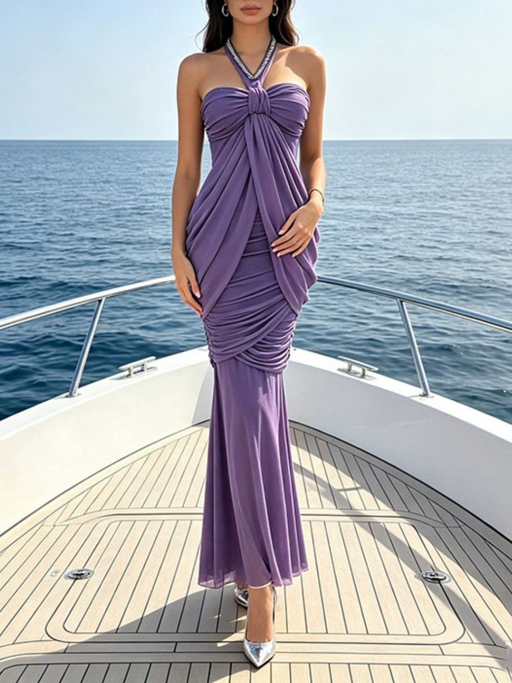 Halter Crystal Draped Corset Maxi Dress Purple - OWNCI