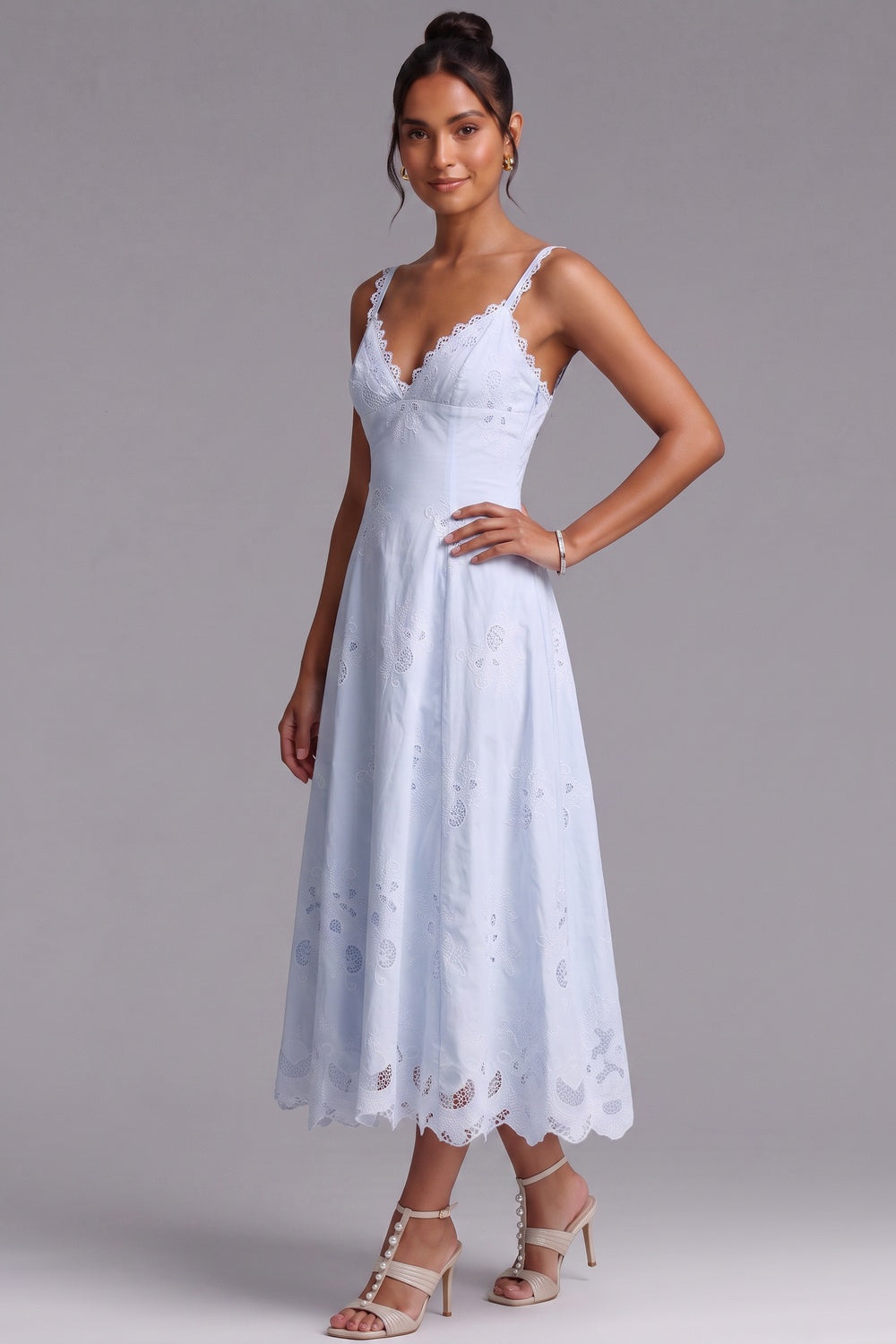 Light Blue Cotton Eyelet A-Line Midi Dress - OWNCI Light Blue Cotton Eyelet A-Line Midi Dress - OWNCI