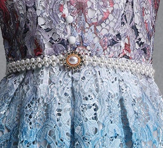 Ombre Gradient Floral Lace Stand Collar Short Puff Sleeve Pearl Button Rhinestone Belt A-Line Midi Dress - OWNCI