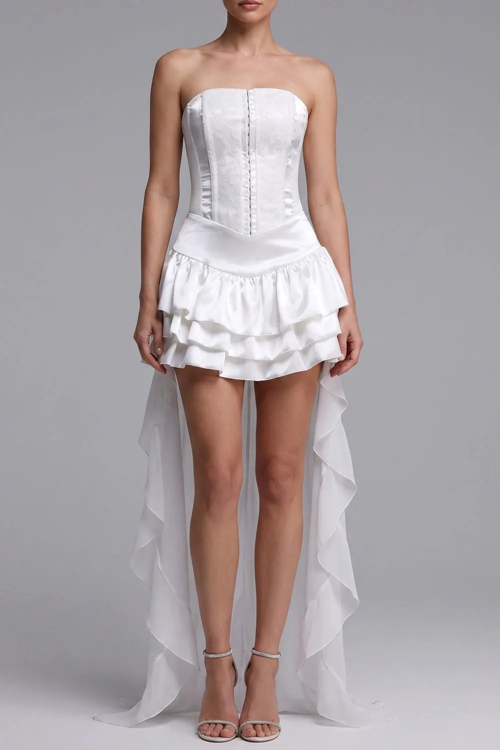 Strapless Textured Corset High Low Ruffle Mini Dress - OWNCI