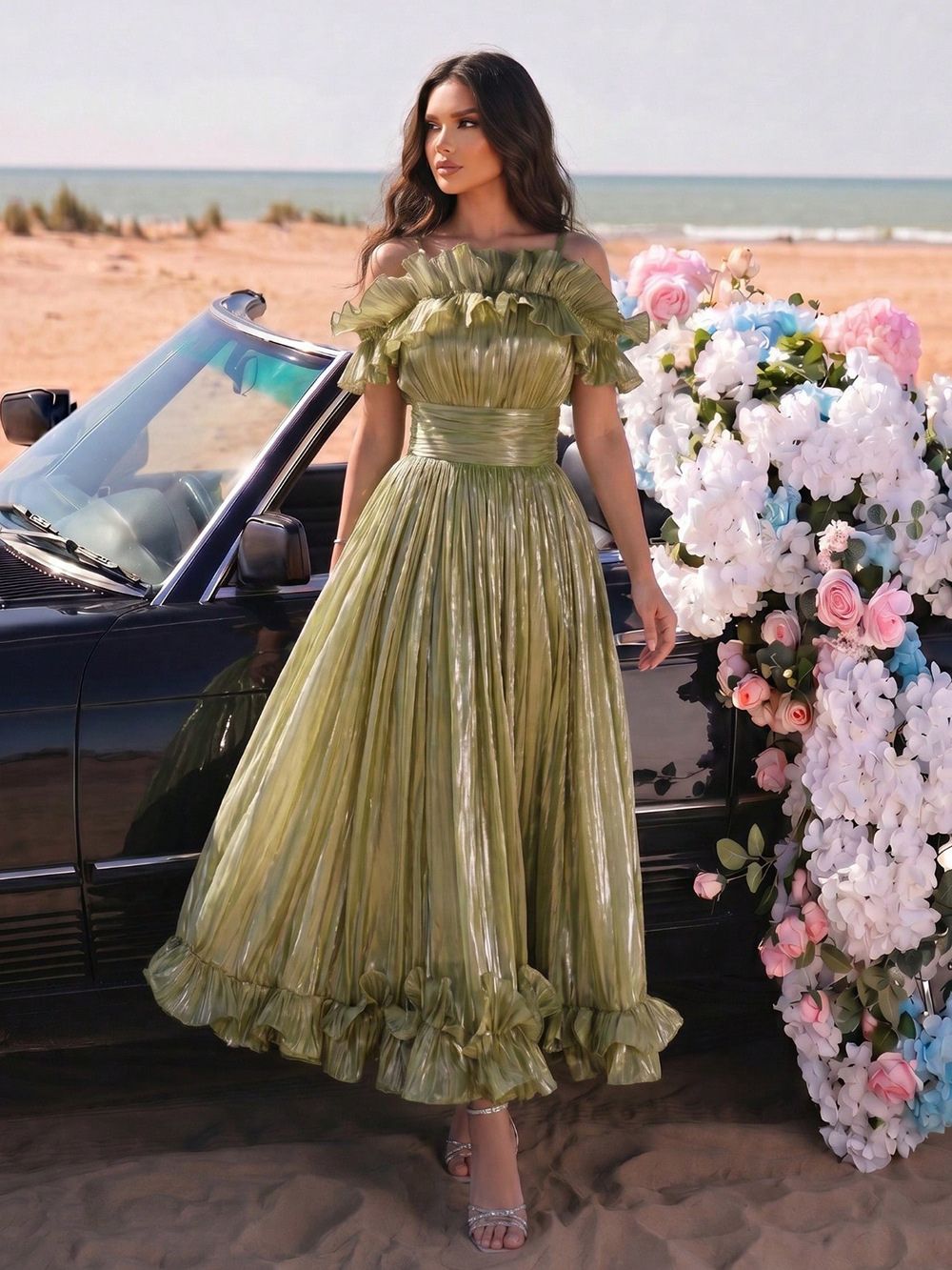 Olive Green Pleated Satin Or Taffeta Fit-And-Flare, Off-The-Shoulder Midi Dress - OWNCI Olive Green Pleated Satin Or Taffeta Fit-And-Flare, Off-The-Shoulder Midi Dress - OWNCI