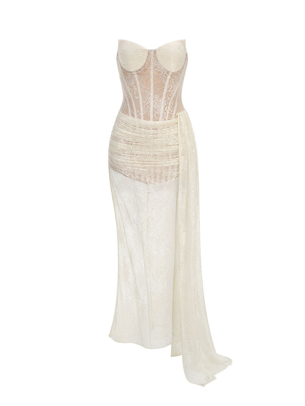 Strapless Draped Lace Bustier Maxi Dress - OWNCI