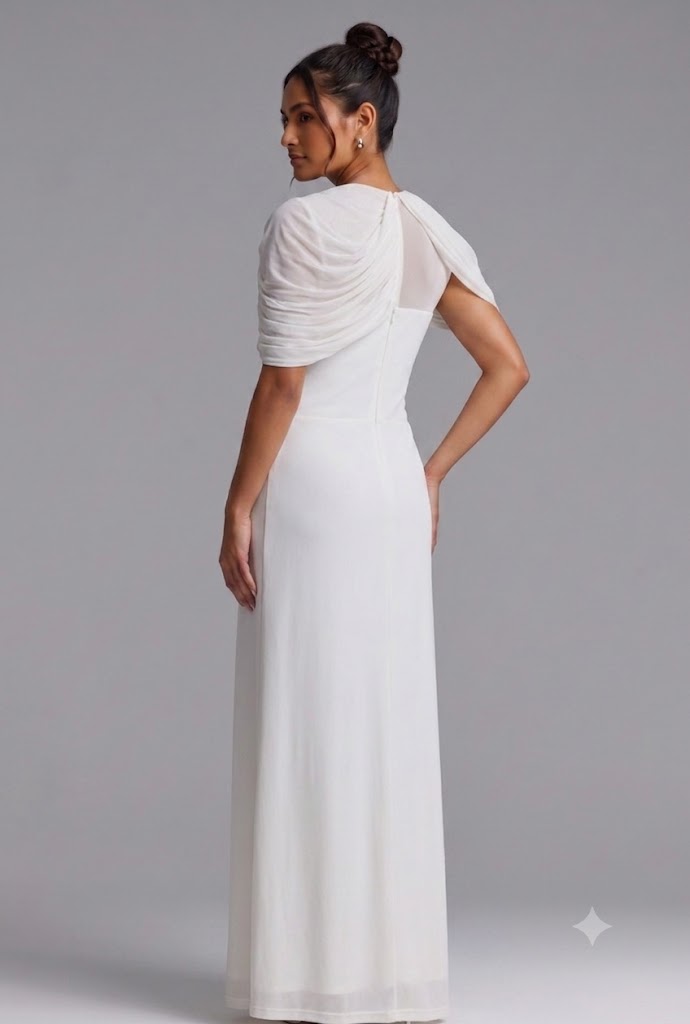 White Draped Maxi Dress with Cold Shoulder Detail - OWNCI