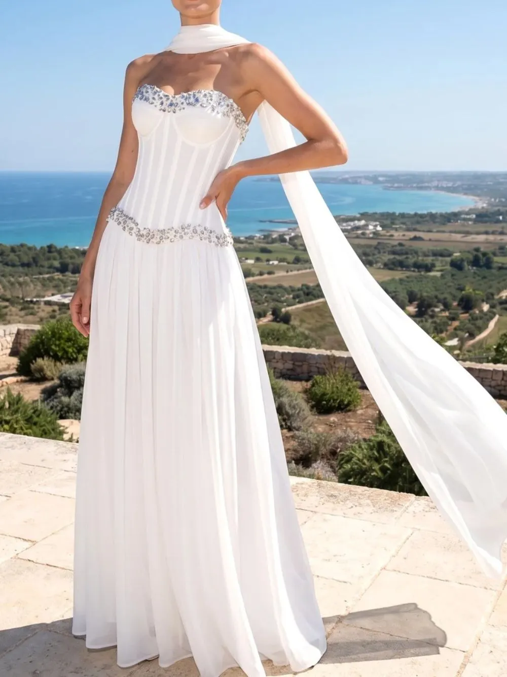 Strapless Embellished Bustier A Line Maxi Dress Set White - OWNCI Strapless Embellished Bustier A Line Maxi Dress Set White - OWNCI