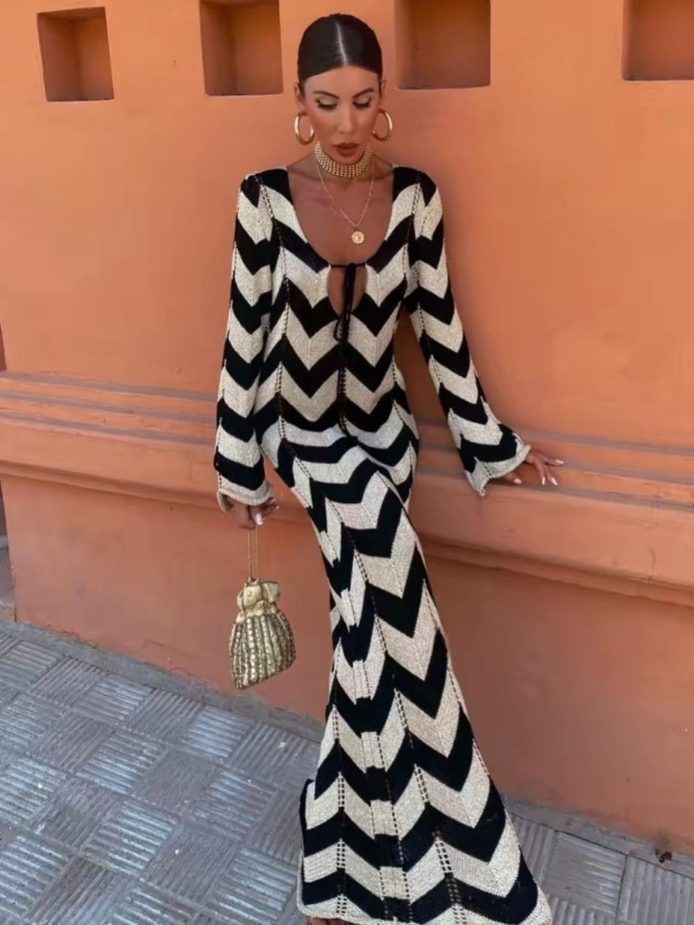 Meher Wave Knitted Long Sleeve Maxi Dress - OWNCI