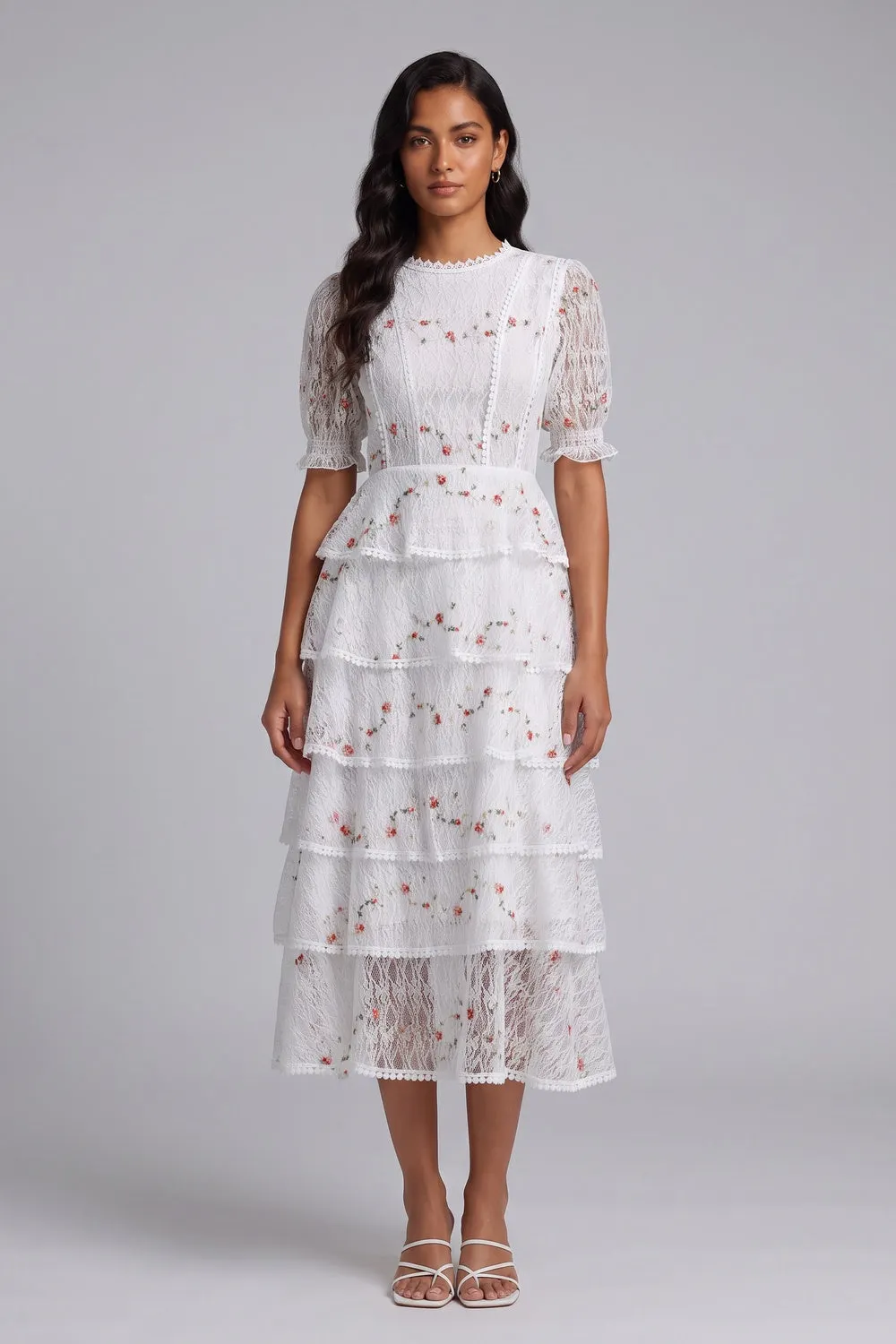 White Tiered Floral Midi Dress - OWNCI White Tiered Floral Midi Dress - OWNCI