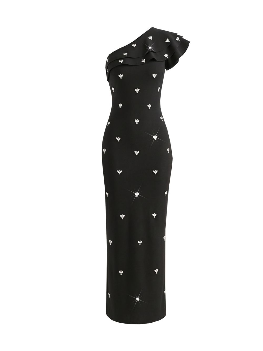One Shoulder Ruffle Crystal Maxi Dress Black - OWNCI One Shoulder Ruffle Crystal Maxi Dress Black - OWNCI