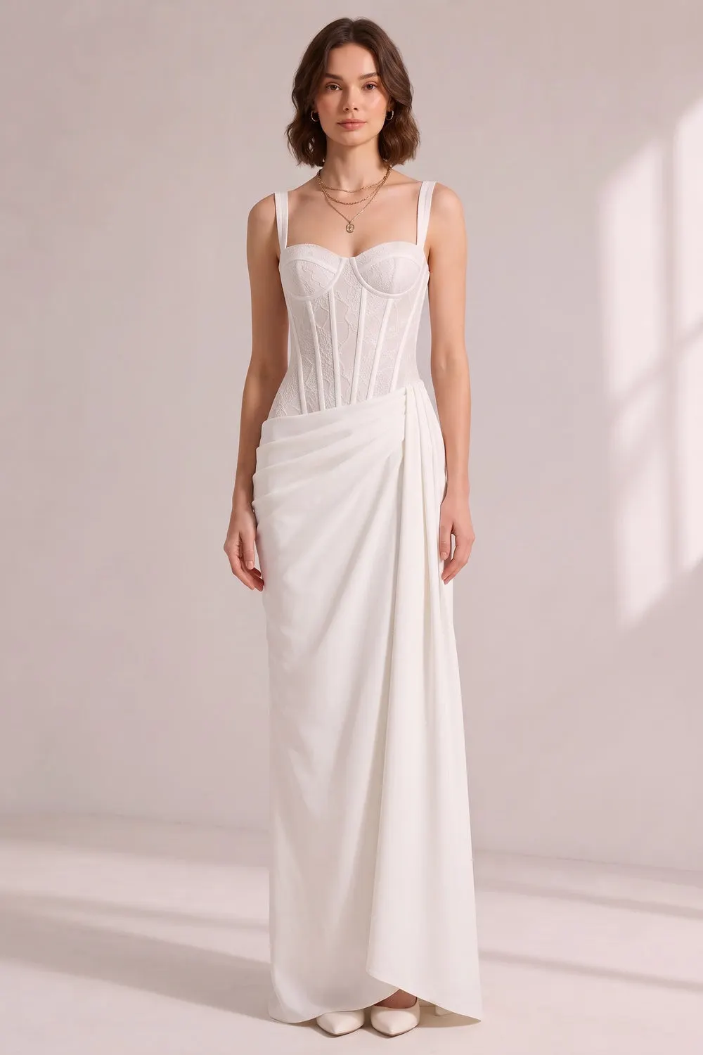 White Lace Corset Spaghetti Strap Draped Satin Maxi Gown - OWNCI White Lace Corset Spaghetti Strap Draped Satin Maxi Gown - OWNCI