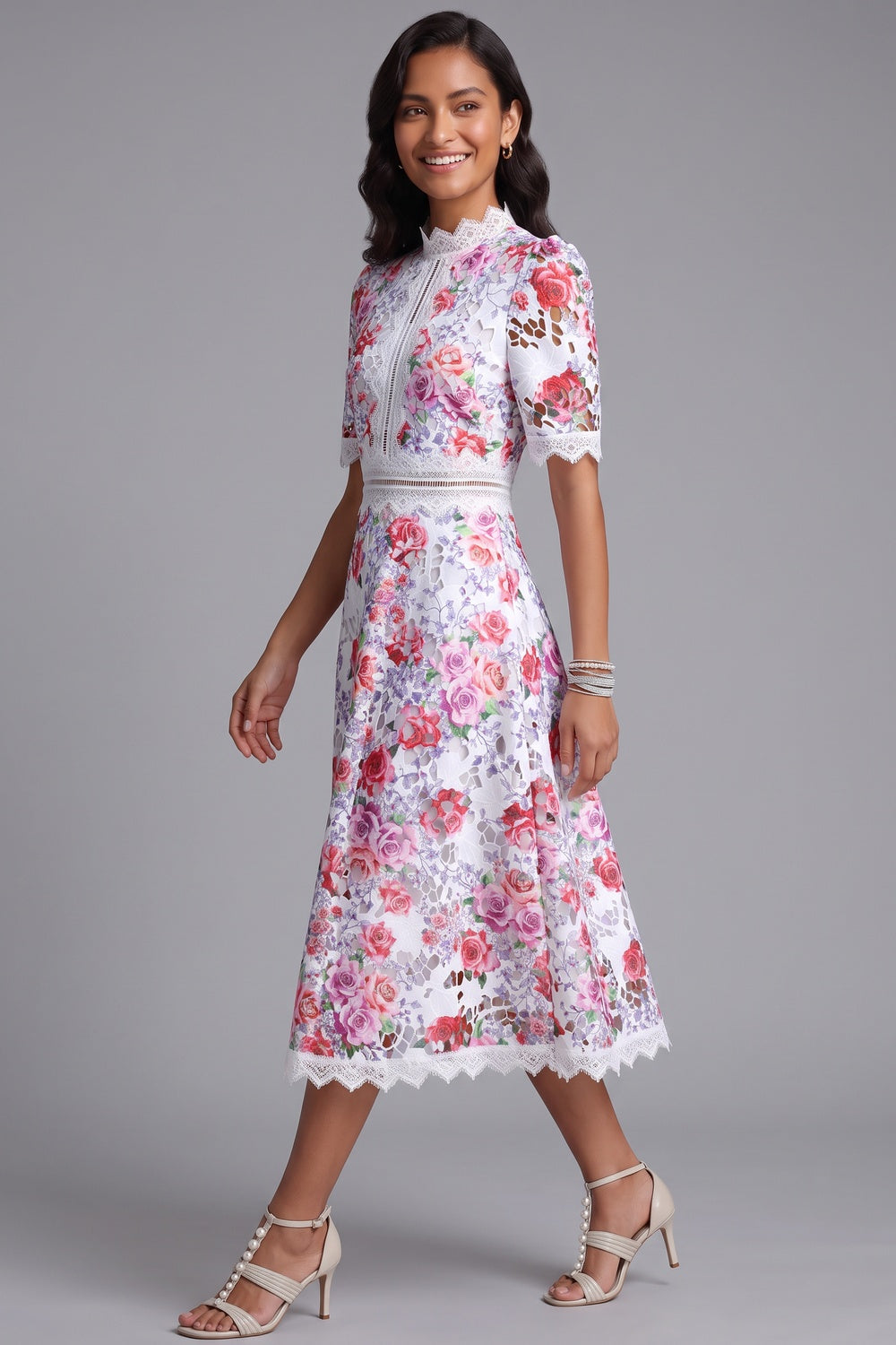 White Guipure Lace Floral Midi Dress - OWNCI White Guipure Lace Floral Midi Dress - OWNCI