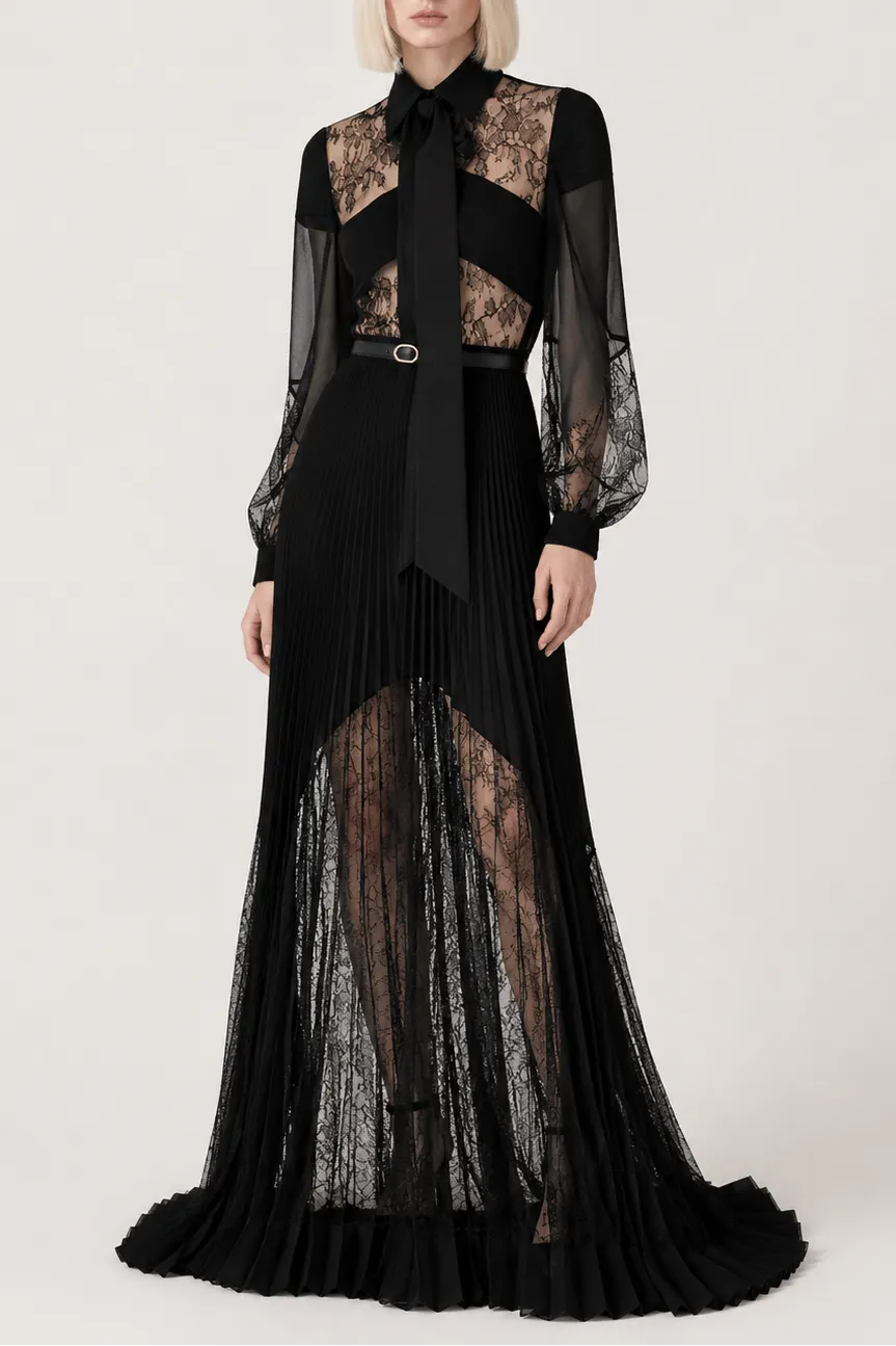 Bow Collar Lace Patchwork Pleated Maxi Gown - OWNCI Bow Collar Lace Patchwork Pleated Maxi Gown - OWNCI