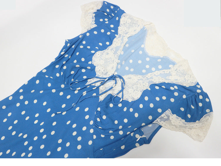 Lyuba Polka Dot Lace-Trimmed V-Neck Maxi Dress In Blue - OWNCI Lyuba Polka Dot Lace-Trimmed V-Neck Maxi Dress In Blue - OWNCI
