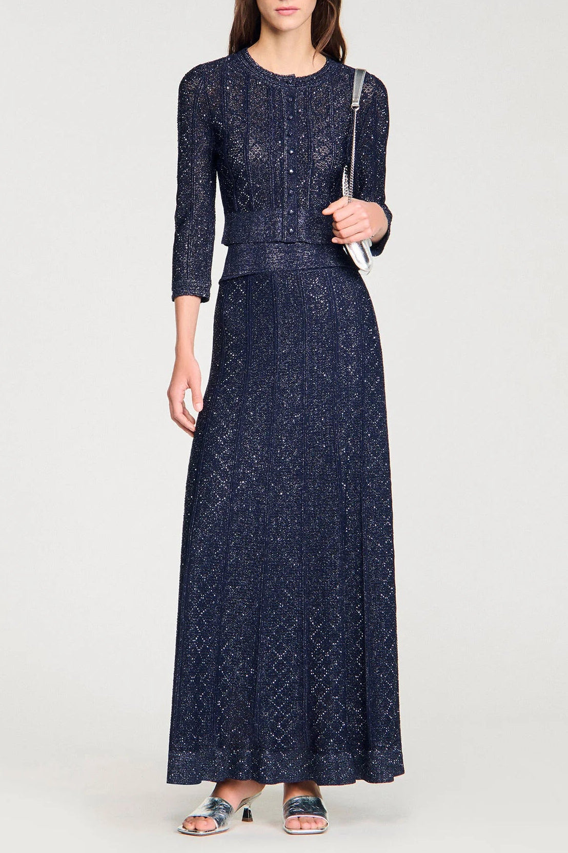 Alexandra Strass Knit Cropped Cardigan Set In Navy Blue - OWNCI