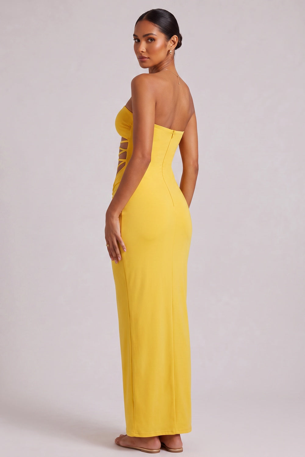 Yellow Strapless Maxi Dress with Side Cutout Detail - OWNCI Yellow Strapless Maxi Dress with Side Cutout Detail - OWNCI