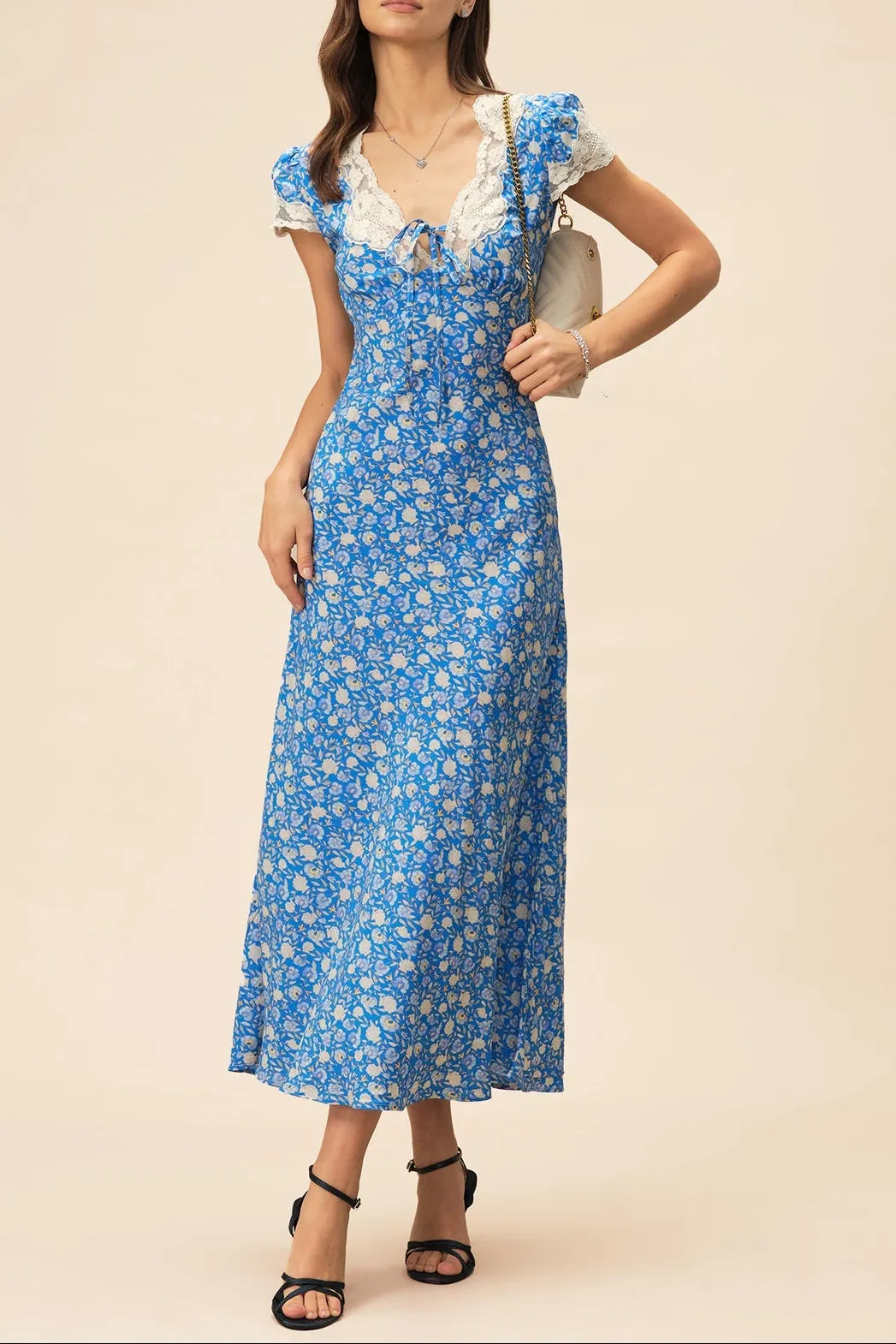 Lyuba Floral Printed Lace-Trimmed V-Neck Maxi Dress In Blue - OWNCI