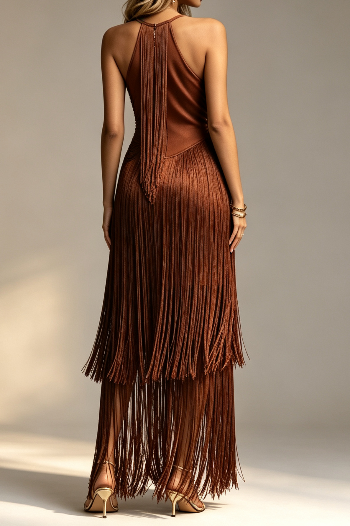 Chocolate Brown Halter Neck Draped Bodice Multi-Tier Long Fringe Bodycon Midi Party Dress - OWNCI