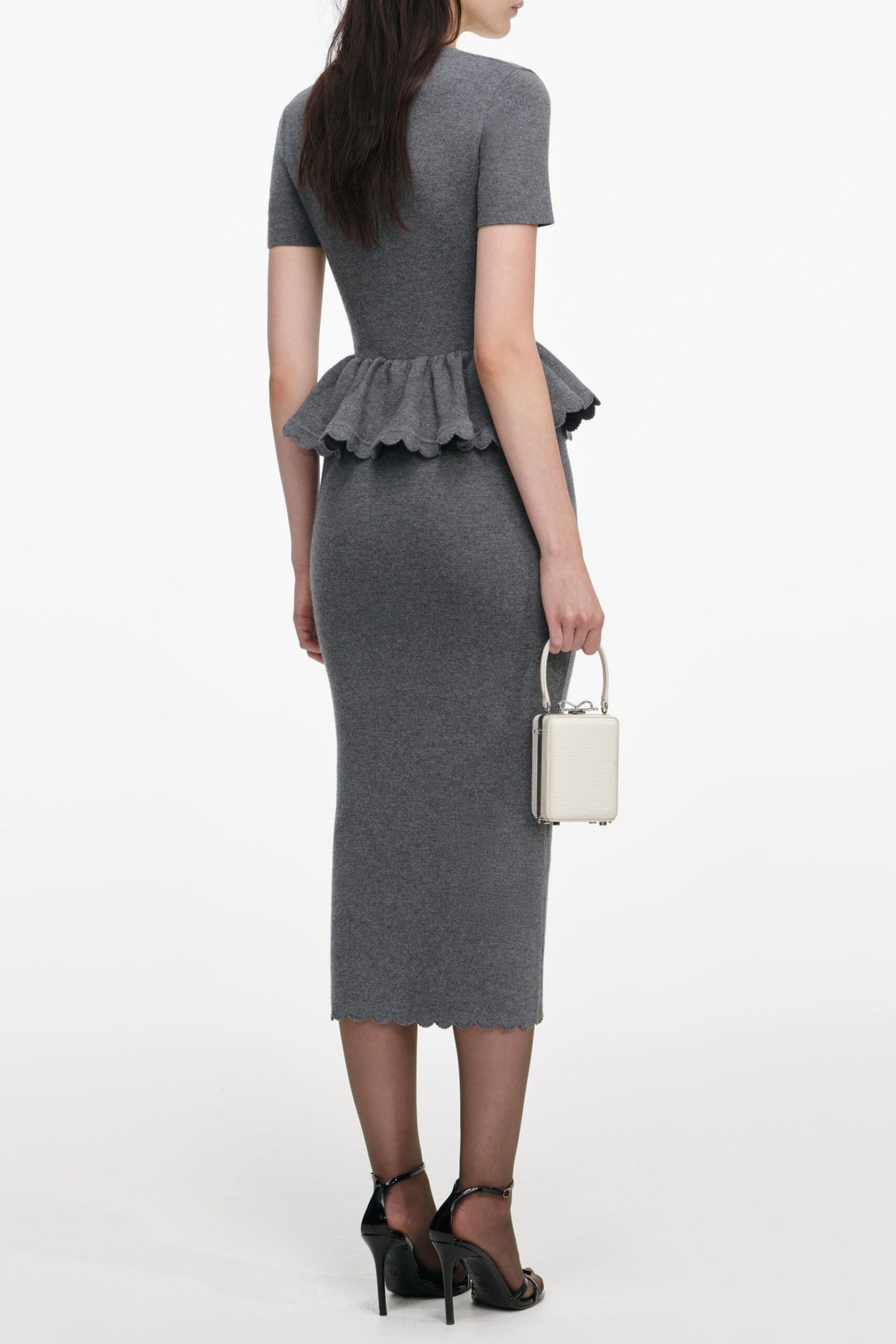 Mandy V-Neck Peplum Knit Midi Dress In Grey - OWNCI Mandy V-Neck Peplum Knit Midi Dress In Grey - OWNCI