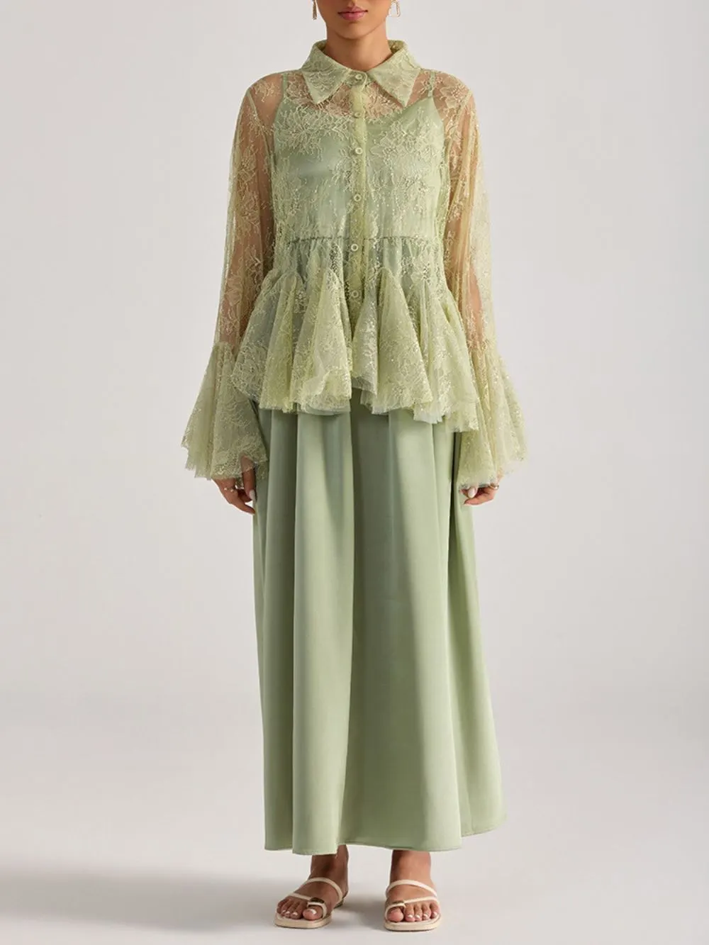 Miori Green Lace Top & Maxi Dress Set - OWNCI