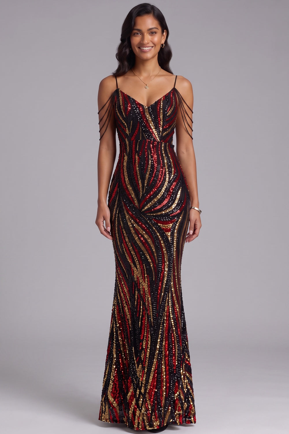 Sequin Cold Shoulder Floor-Length Gown - OWNCI Sequin Cold Shoulder Floor-Length Gown - OWNCI