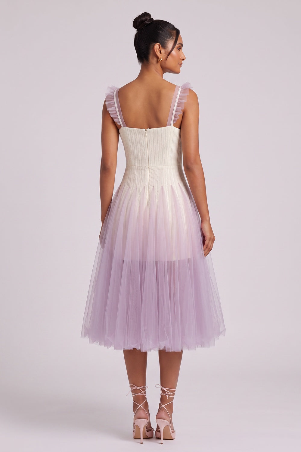 Gradient Tulle Midi Dress with Ruffle Straps - OWNCI