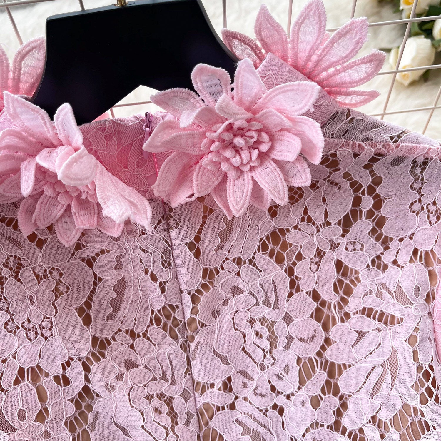 Pink Floral Lace A-Line Midi Dress - OWNCI