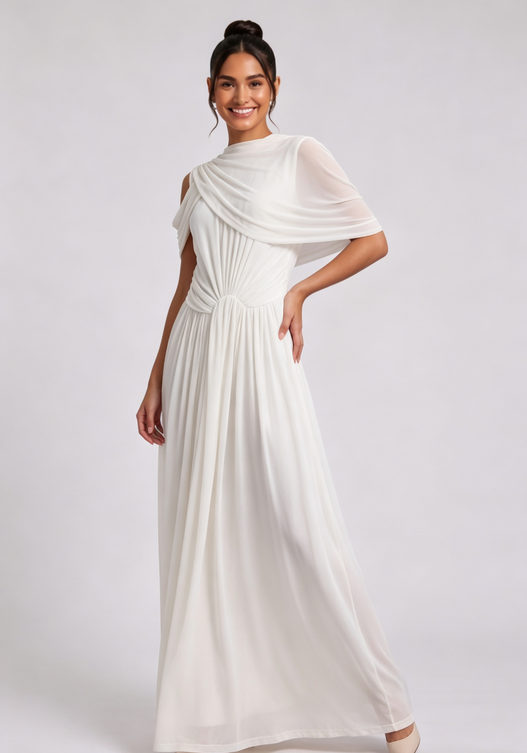 White Draped Maxi Dress with Cold Shoulder Detail - OWNCI