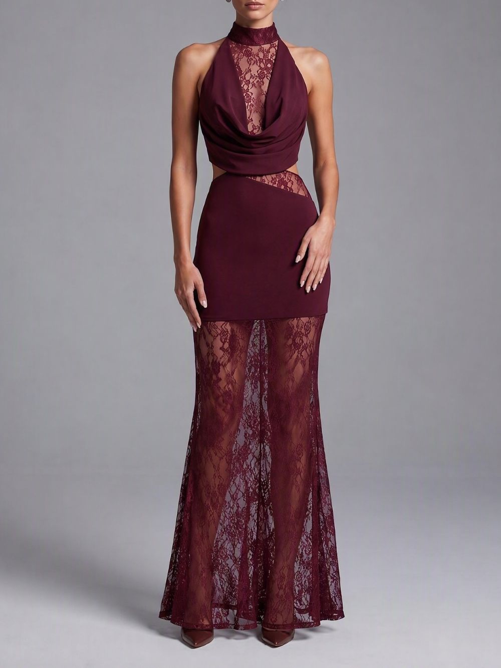 Milla Wine Halter Lace Maxi Dress - OWNCI Milla Wine Halter Lace Maxi Dress - OWNCI
