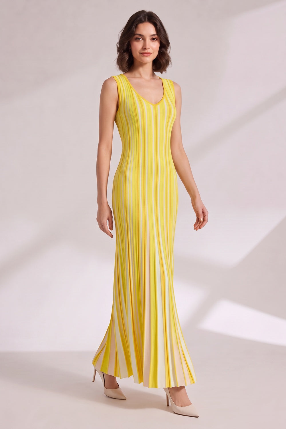 Yellow Vertical Stripe Maxi Dress - OWNCI