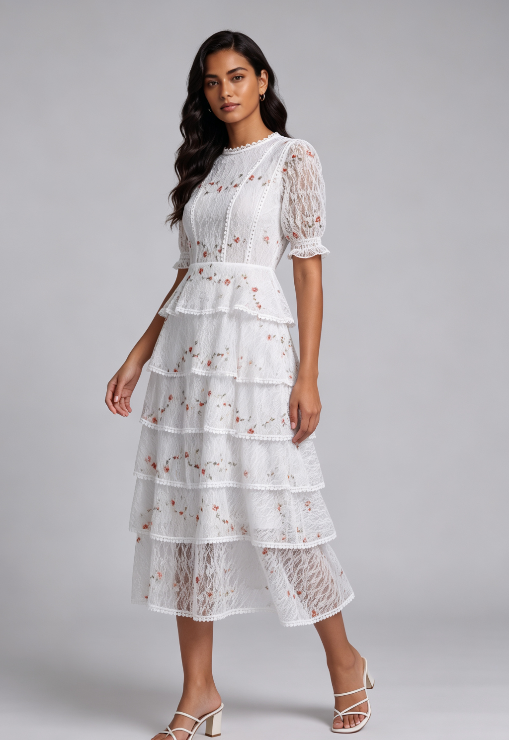 White Tiered Floral Midi Dress - OWNCI White Tiered Floral Midi Dress - OWNCI