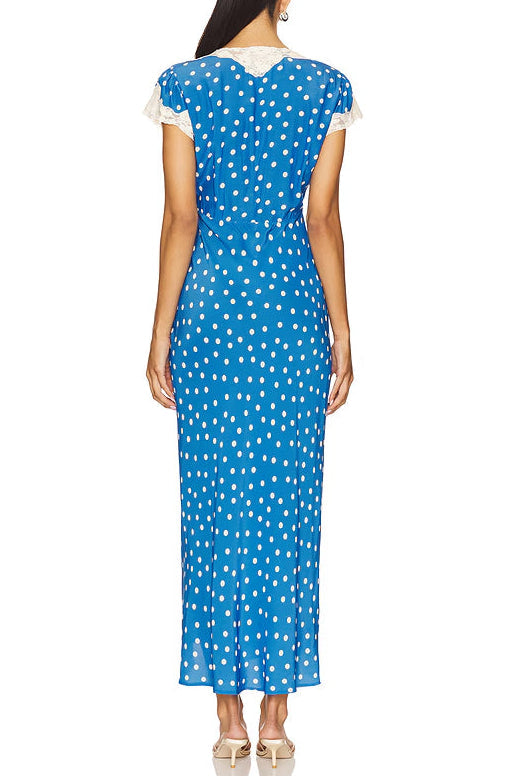 Lyuba Polka Dot Lace-Trimmed V-Neck Maxi Dress In Blue - OWNCI Lyuba Polka Dot Lace-Trimmed V-Neck Maxi Dress In Blue - OWNCI