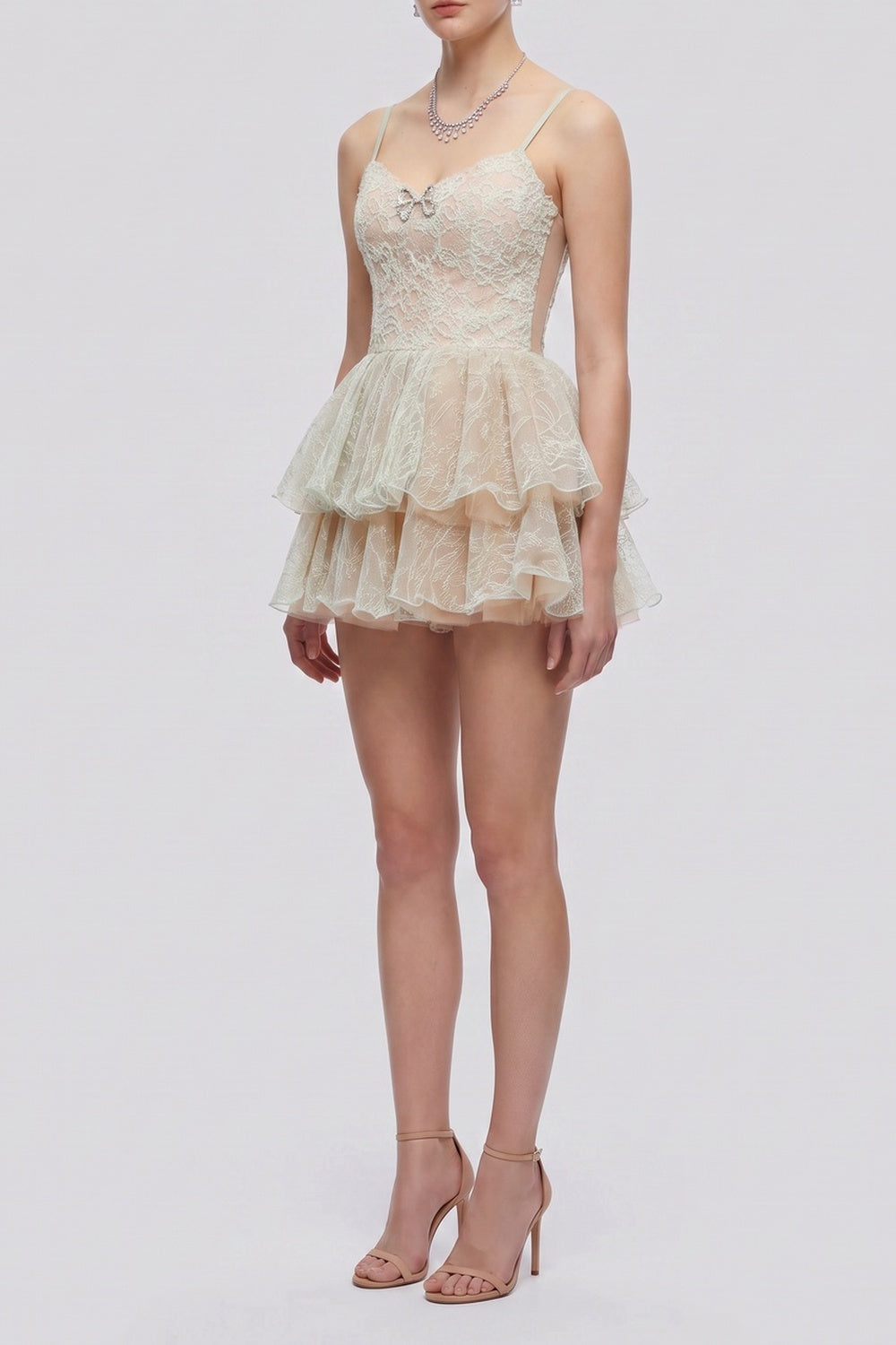 Spaghetti Strap Floral Lace Crystal Bow Tiered Mini Dress - OWNCI
