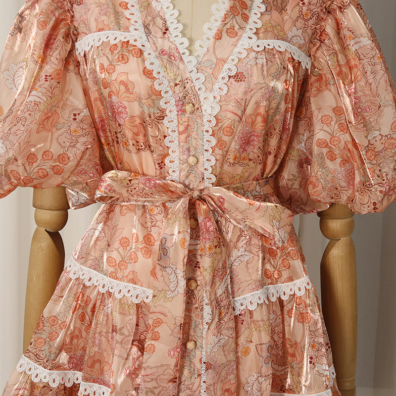 Peach Organza A-Line Tiered Maxi Dress with Botanical Floral Print - OWNCI Peach Organza A-Line Tiered Maxi Dress with Botanical Floral Print - OWNCI