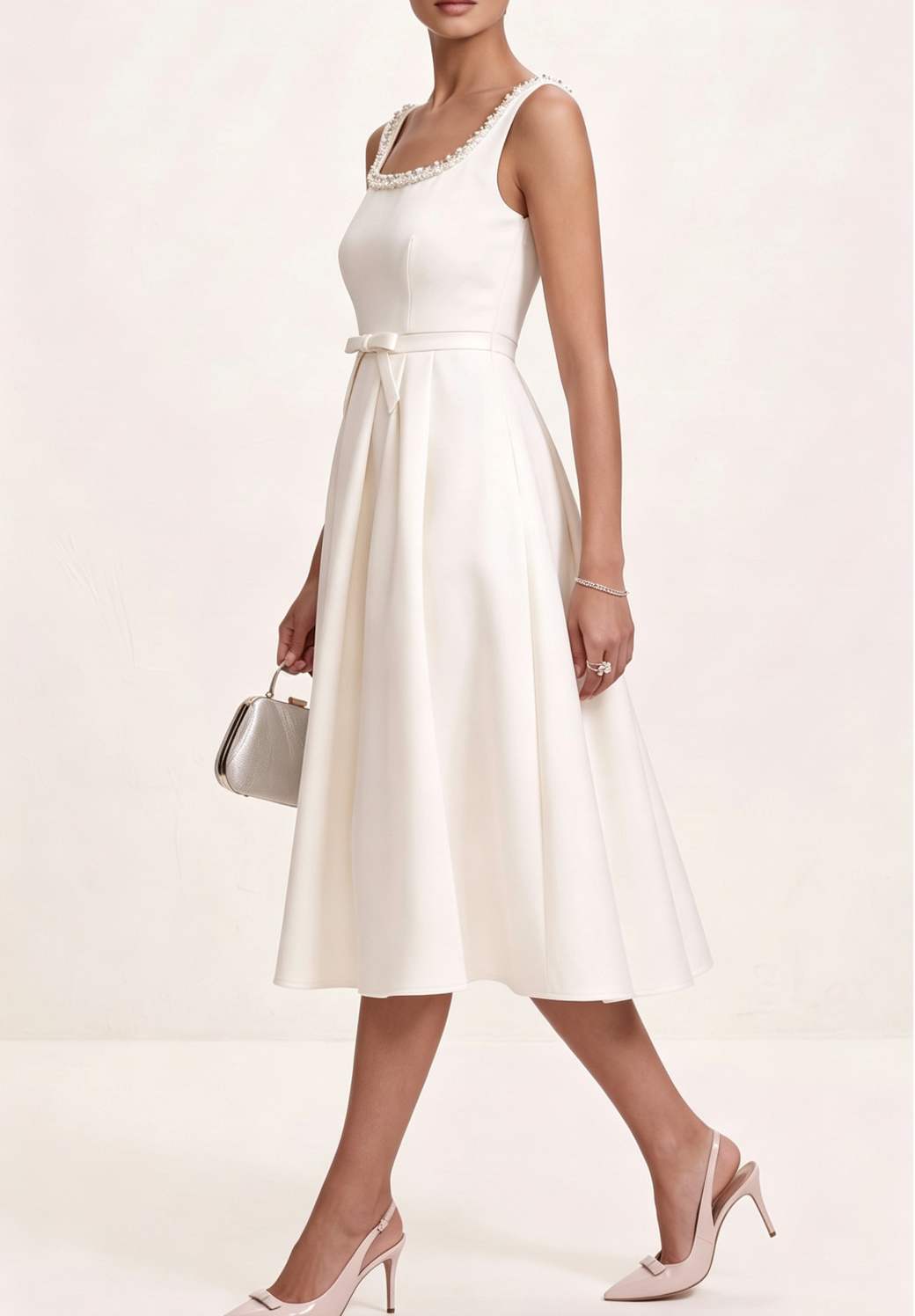 Crystal Trim Square Neck Sleeveless Bow Waist A-Line Midi Dress - OWNCI
