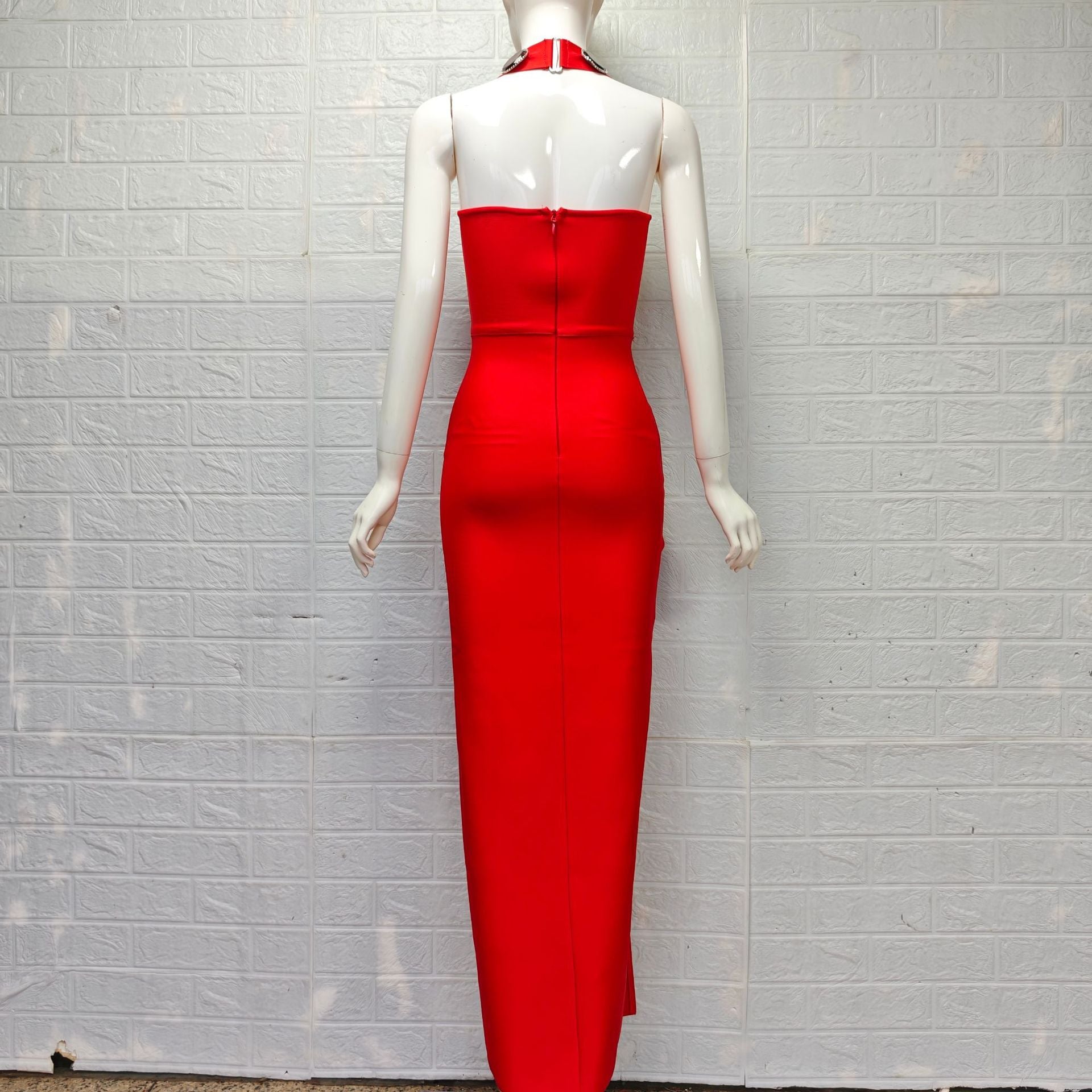 Red Heavy Stretch Crepe Column Dress - OWNCI