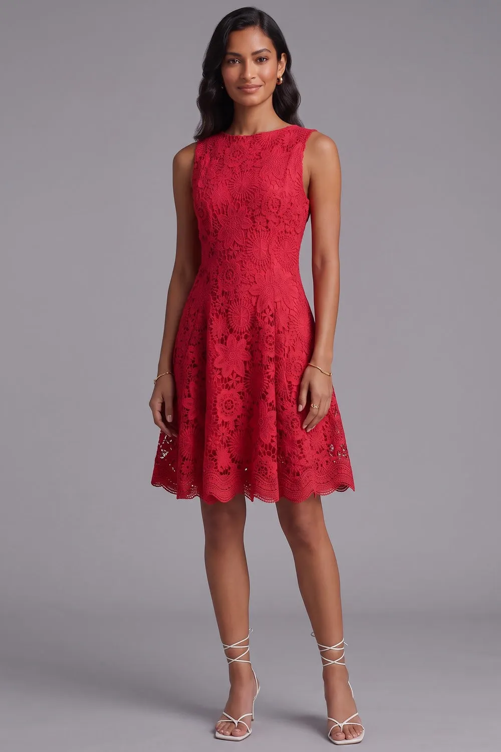 Red Guipure Lace Fit-and-Flare Dress - OWNCI Red Guipure Lace Fit-and-Flare Dress - OWNCI