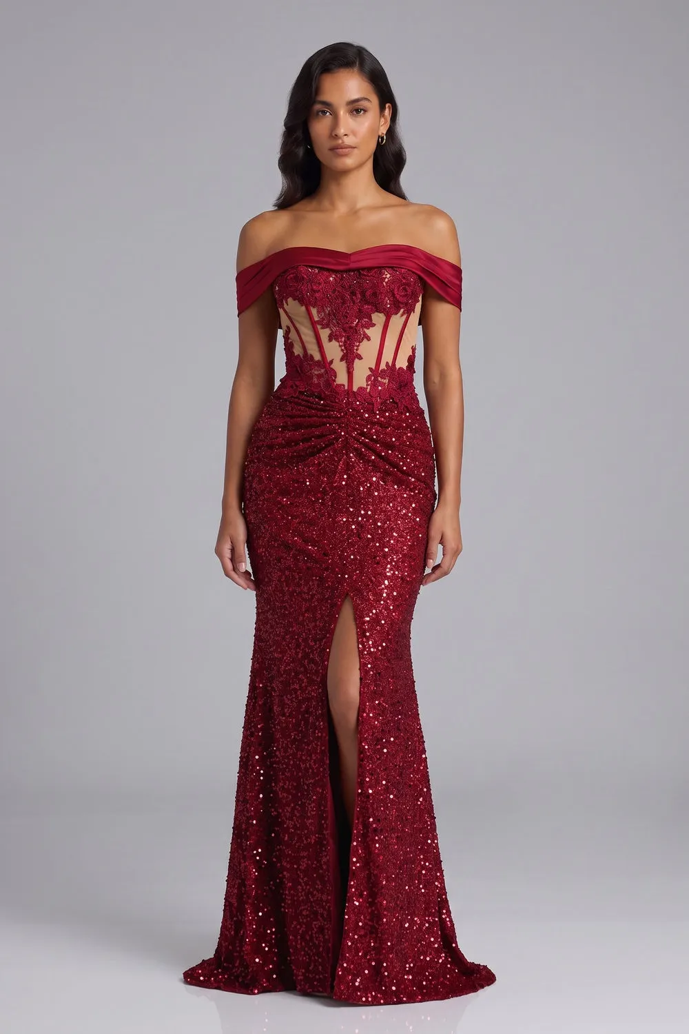 Deep Red Sequin Off-the-Shoulder Mermaid Gown - OWNCI Deep Red Sequin Off-the-Shoulder Mermaid Gown - OWNCI