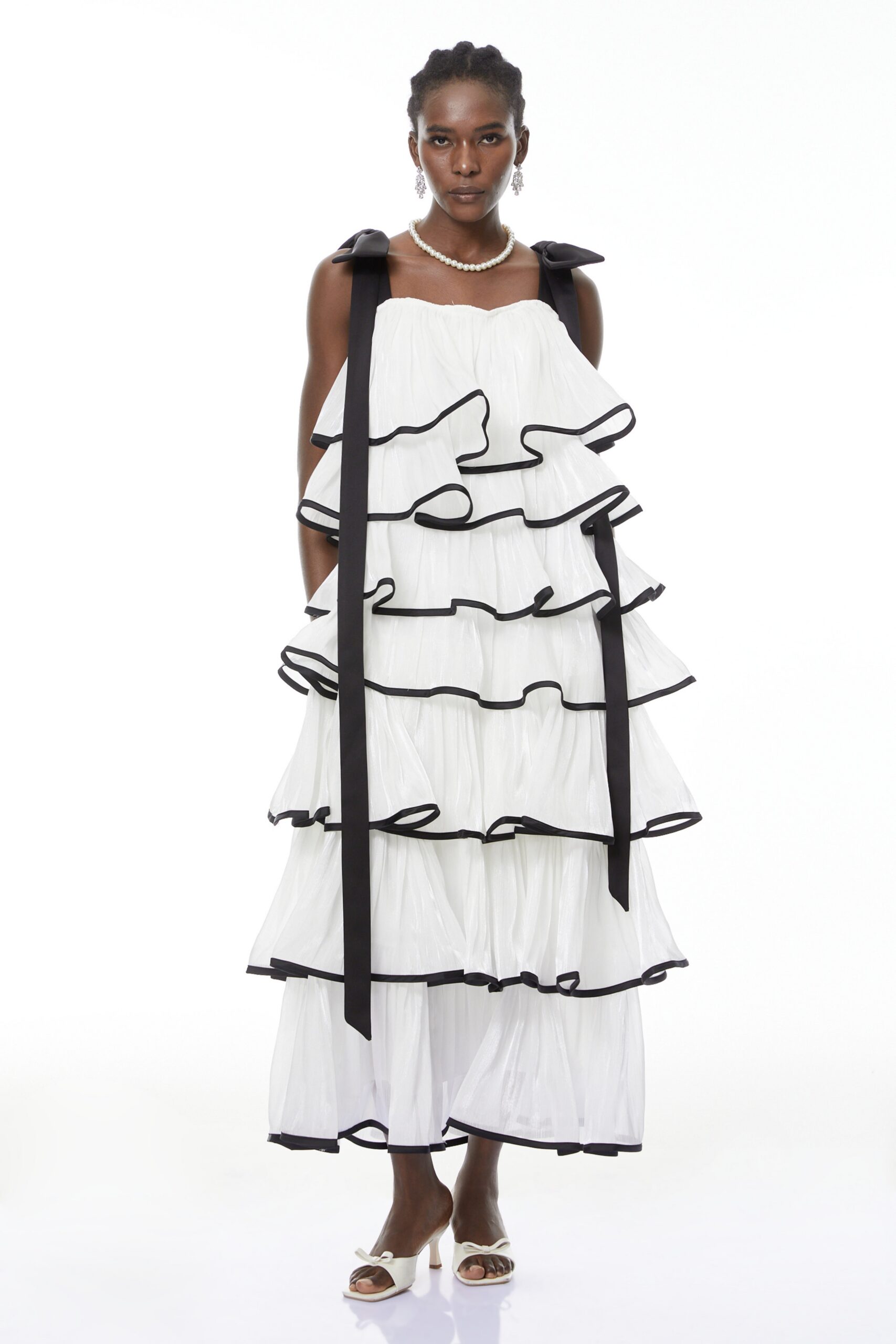 Mandy White Layer Ruffled Maxi Dress With Bows - OWNCI Mandy White Layer Ruffled Maxi Dress With Bows - OWNCI