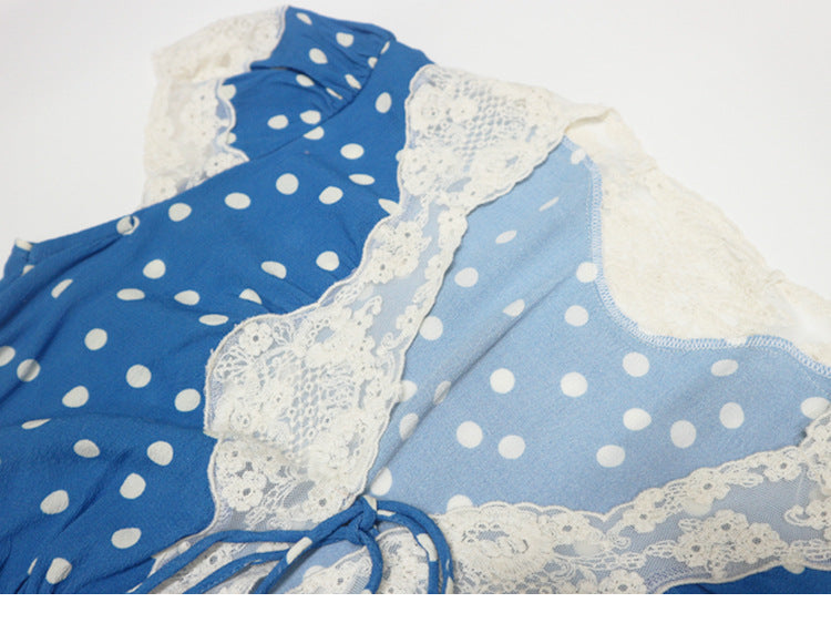 Lyuba Polka Dot Lace-Trimmed V-Neck Maxi Dress In Blue - OWNCI Lyuba Polka Dot Lace-Trimmed V-Neck Maxi Dress In Blue - OWNCI