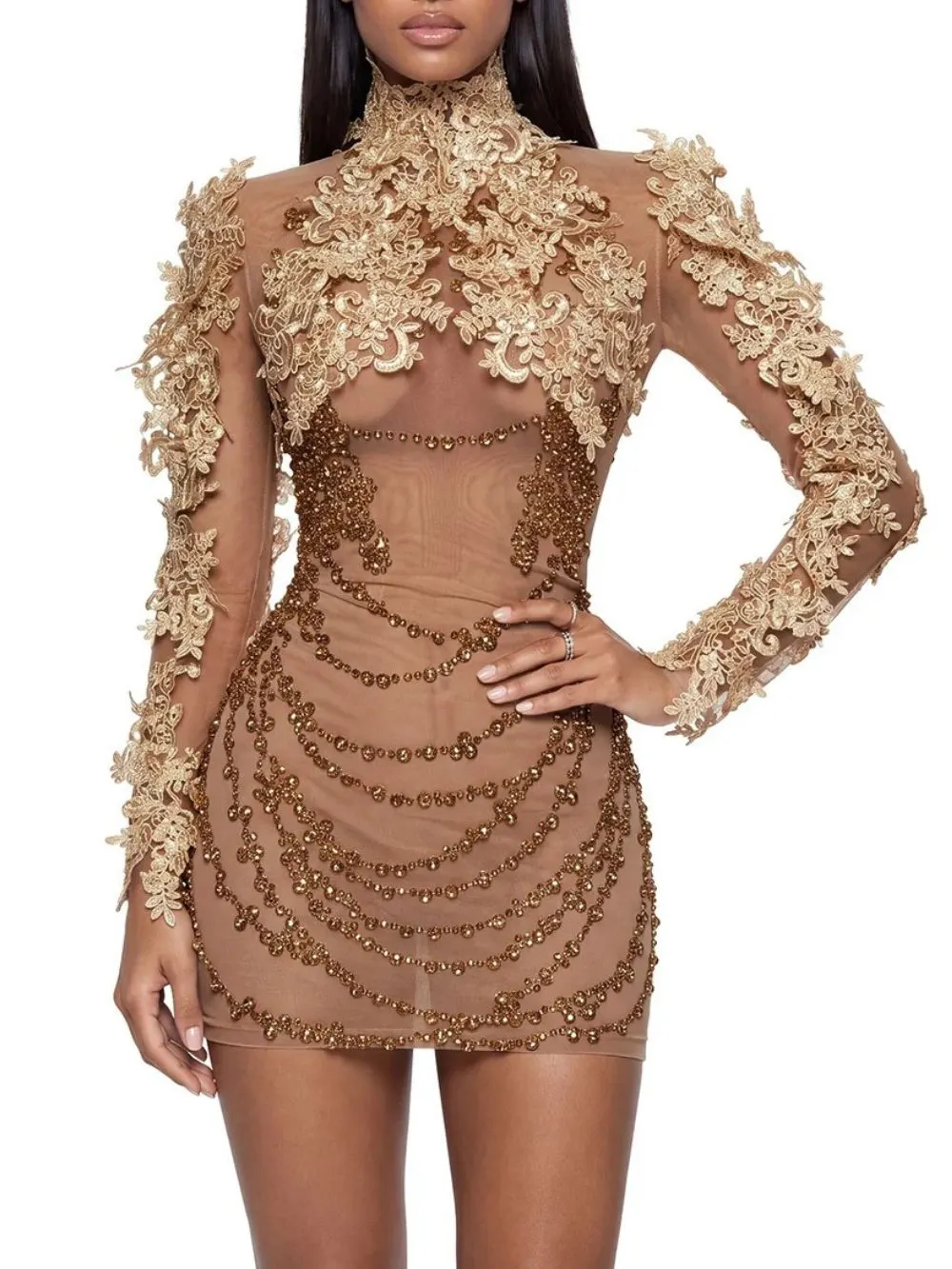 Hadrine Long Sleeve Rhinestone Mini Dress - OWNCI