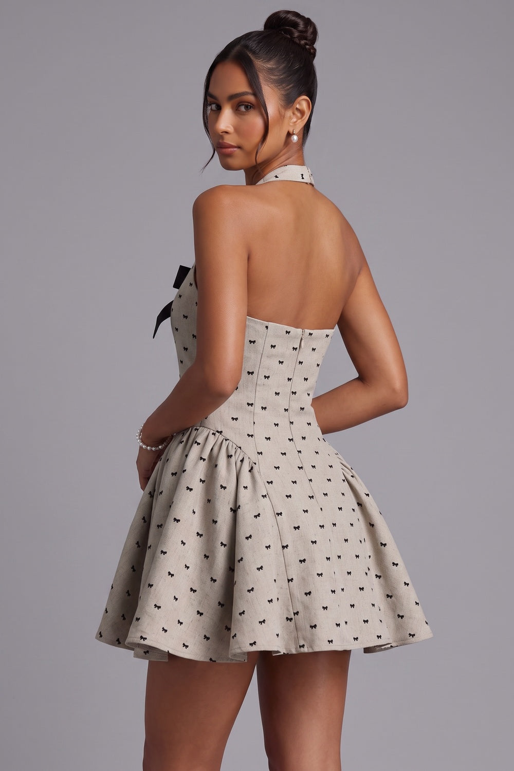 Halter Neck Mini Dress with Bow Print - OWNCI Halter Neck Mini Dress with Bow Print - OWNCI