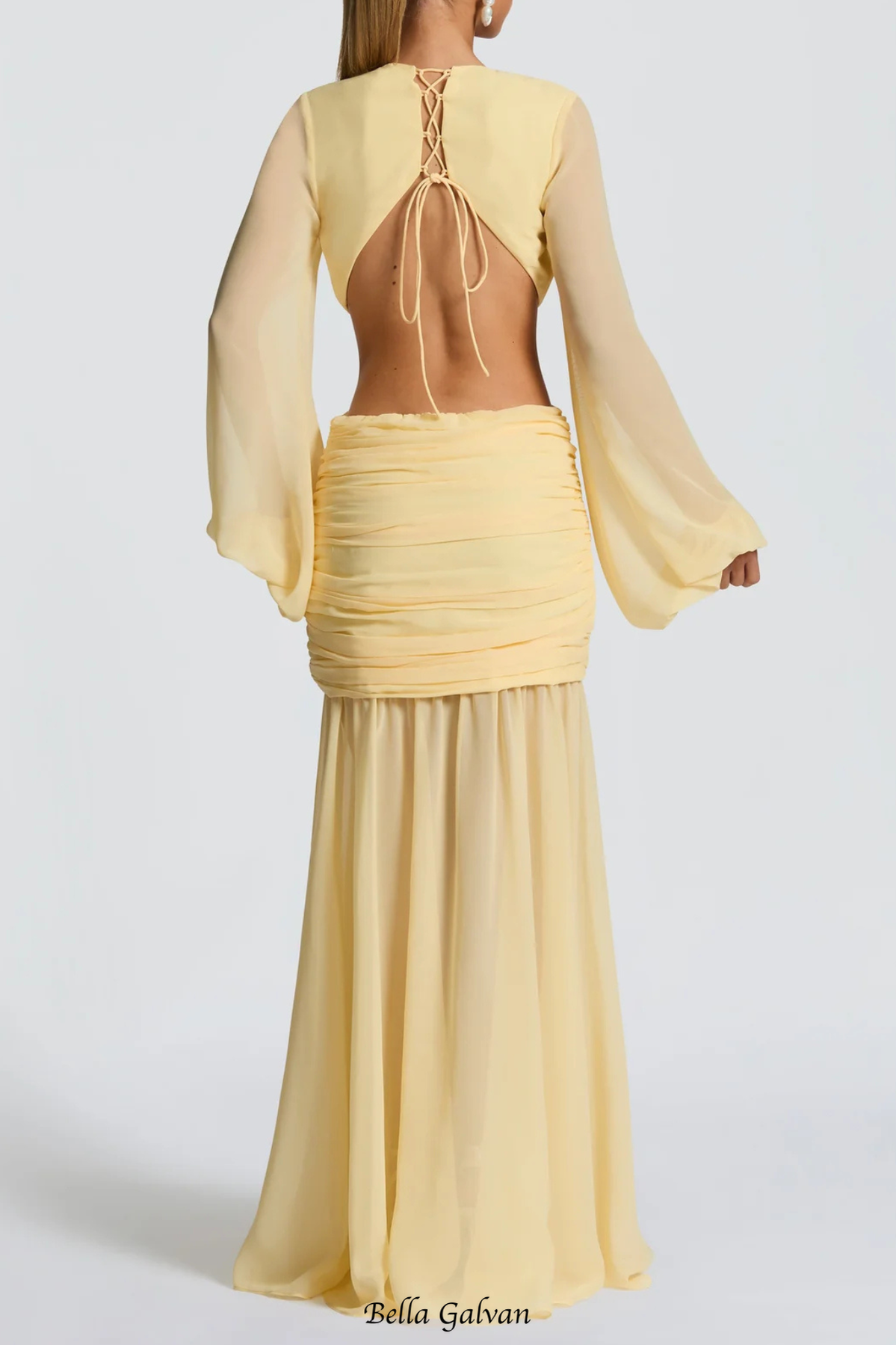 Roniny Cutout Chiffon Draped Maxi Dress – Yellow - OWNCI Roniny Cutout Chiffon Draped Maxi Dress – Yellow - OWNCI