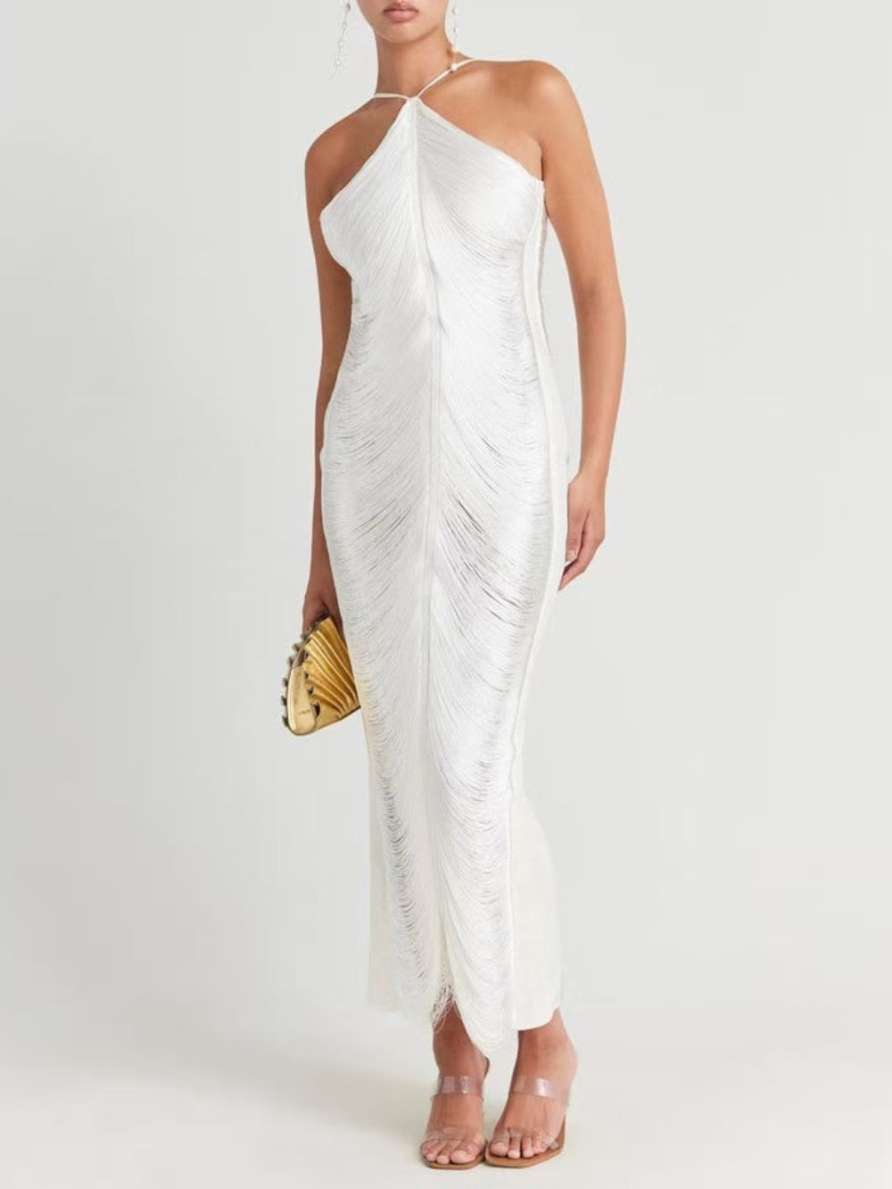 Mindy White Halter Tassel Maxi Dress - OWNCI