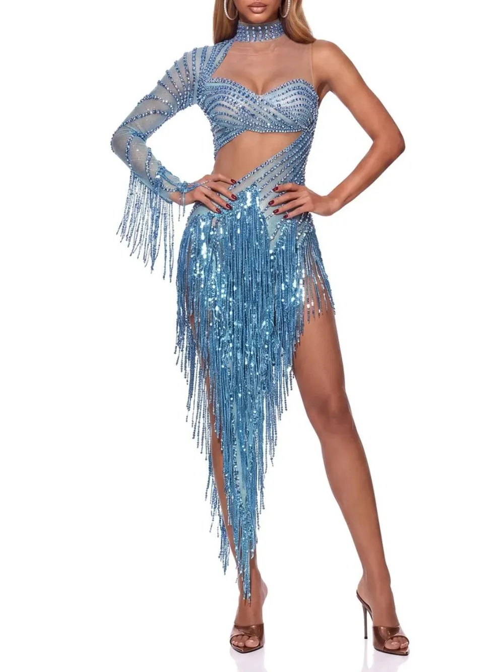 Solvian One Shoulder Rhinestone Fringe Bodysuit - OWNCI Solvian One Shoulder Rhinestone Fringe Bodysuit - OWNCI