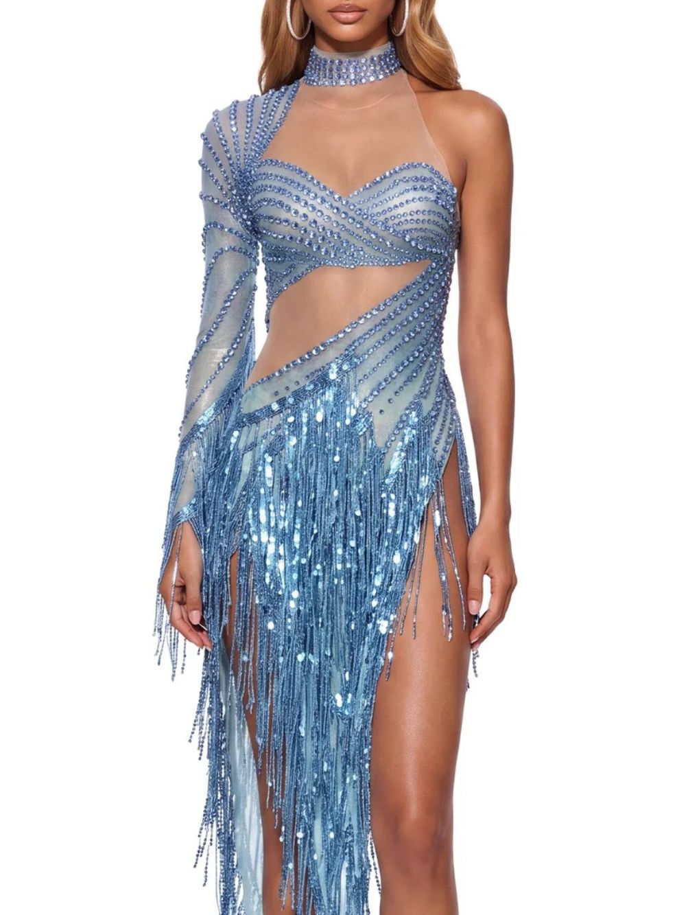 Solvian One Shoulder Rhinestone Fringe Bodysuit - OWNCI Solvian One Shoulder Rhinestone Fringe Bodysuit - OWNCI