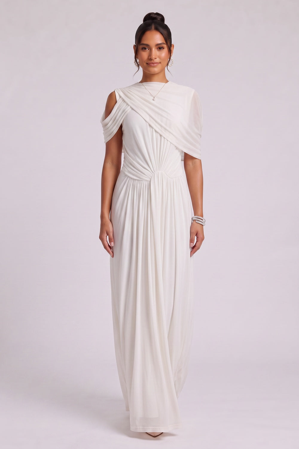 White Draped Maxi Dress with Cold Shoulder Detail - OWNCI