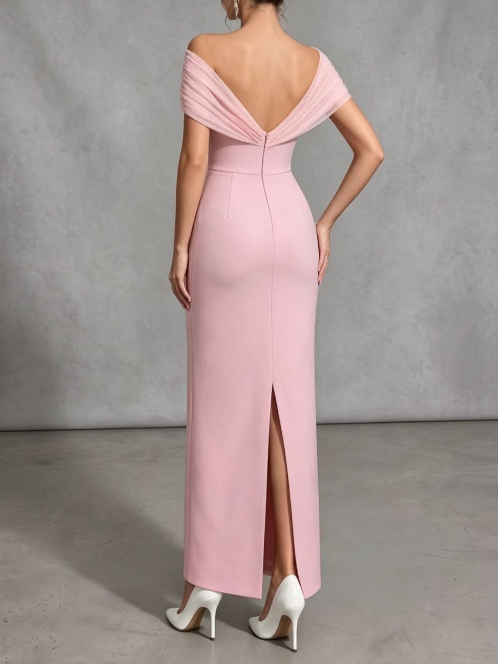 Draped Bardot Crystal Floral Maxi Dress Pink - OWNCI