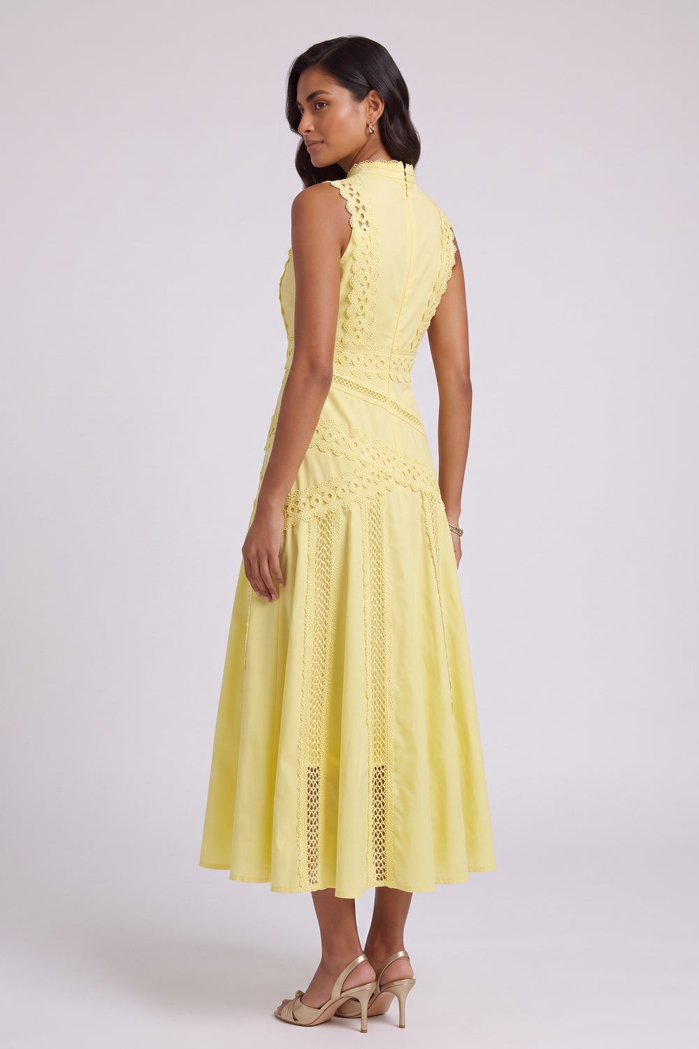 Yellow A-Line Midi Dress with Lace Inserts - OWNCI