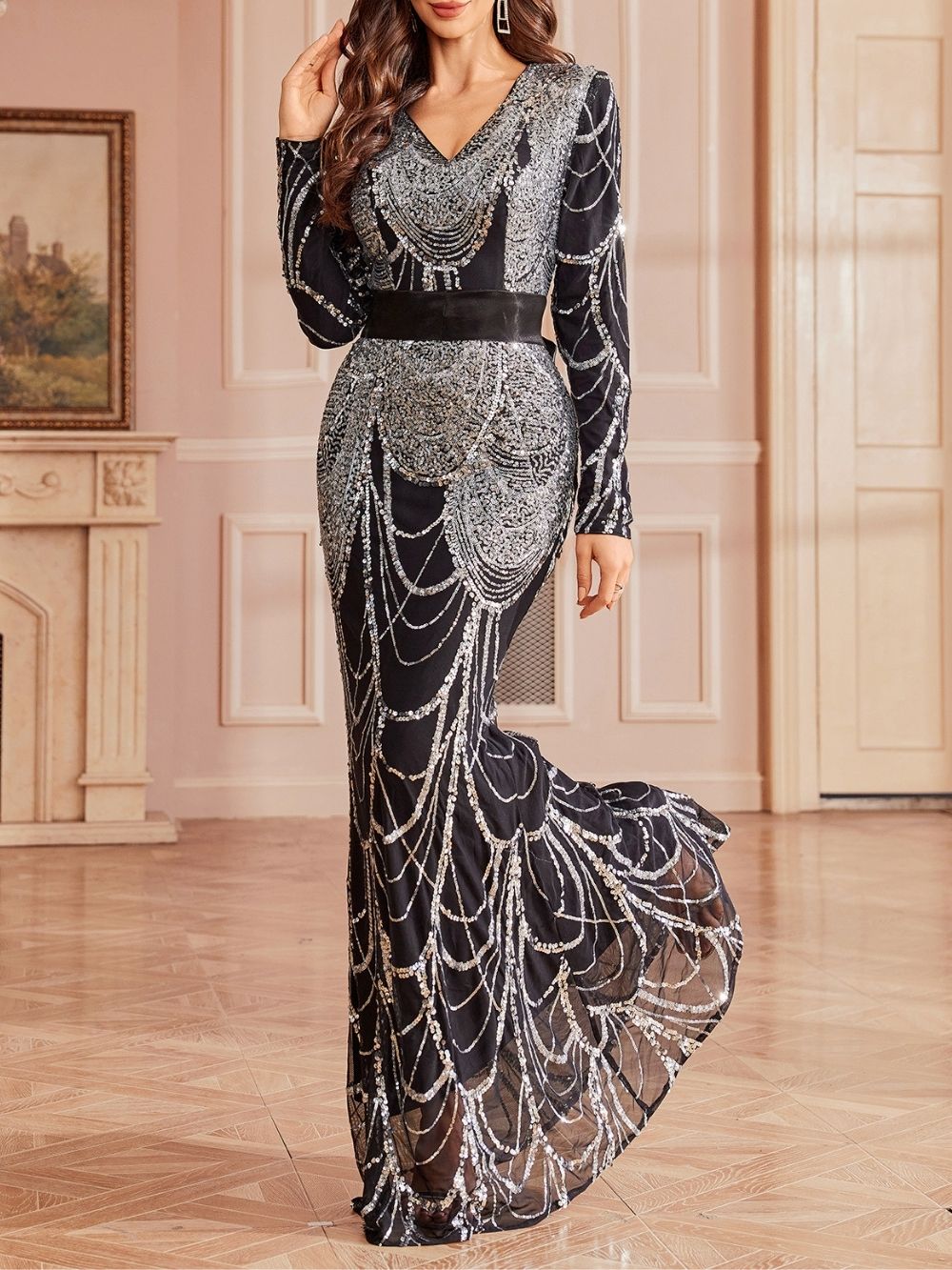Mayana Black Sequin Long Sleeve Maxi Dress - OWNCI Mayana Black Sequin Long Sleeve Maxi Dress - OWNCI