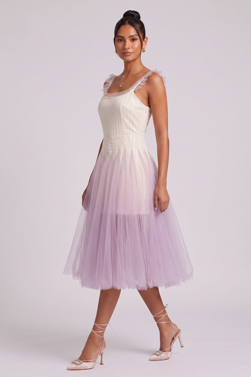 Gradient Tulle Midi Dress with Ruffle Straps - OWNCI